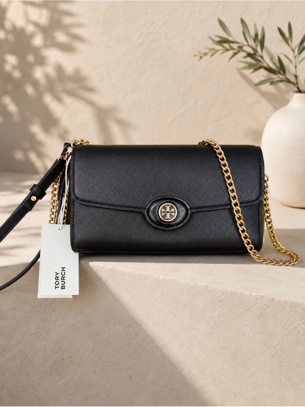 Tory Burch Black Leather Crossbody with Gold Chain